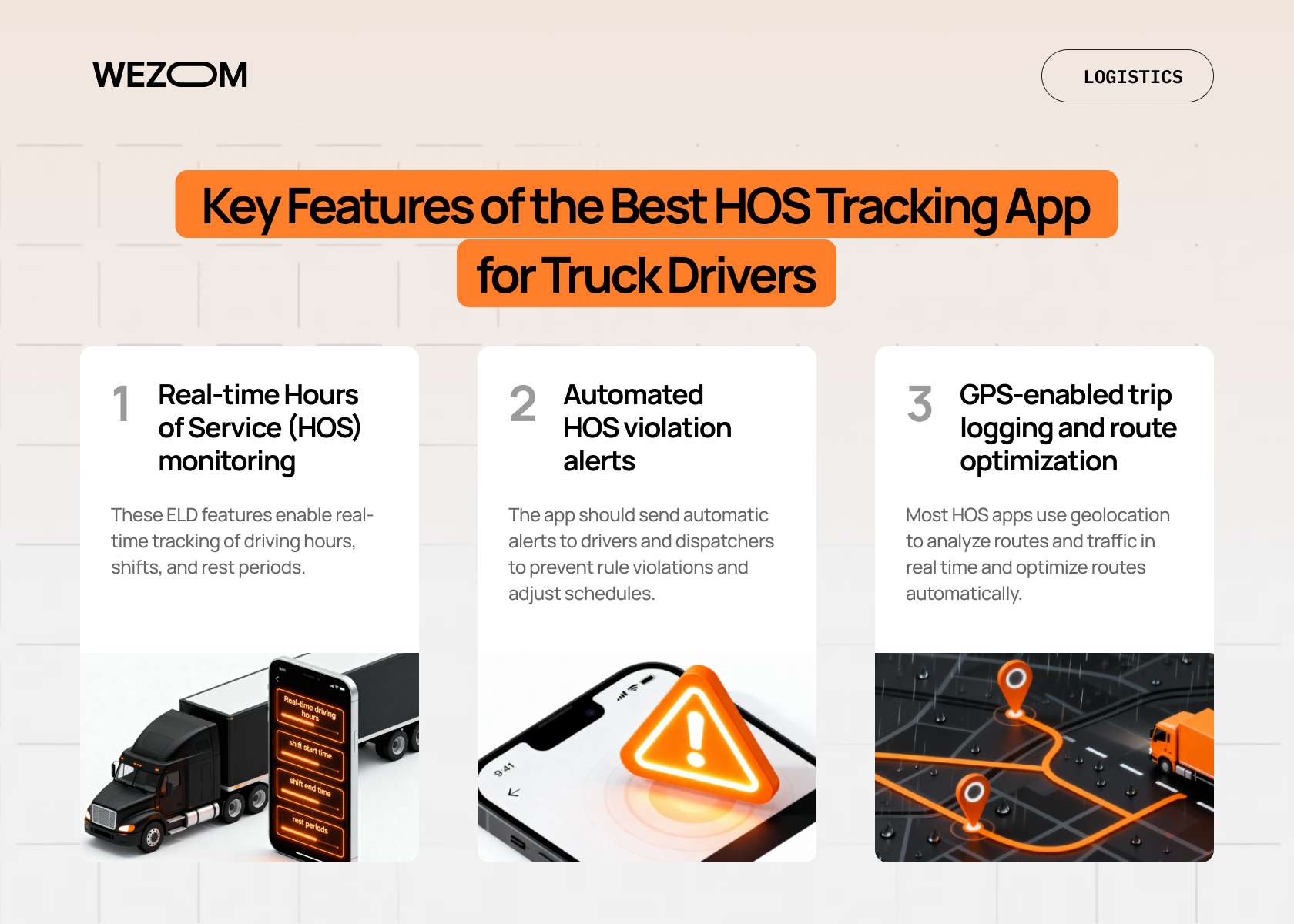Key features of the best HOS tracking app for truck drivers, including real-time monitoring, automated HOS violation alerts, and GPS-enabled route optimization.